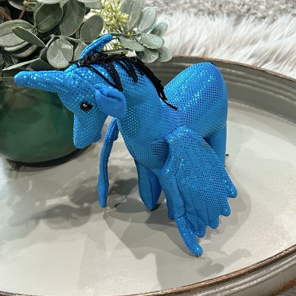 Blue Shimmery Unicorn Blue/Black Wings 6" Gorgeous Horse‎ Dragon Glitter